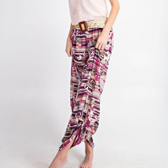 NEW! Super Cute Boho Floral Pattern Lightweight Wide Leg Pants Elastic Waist - Picture 2 of 6